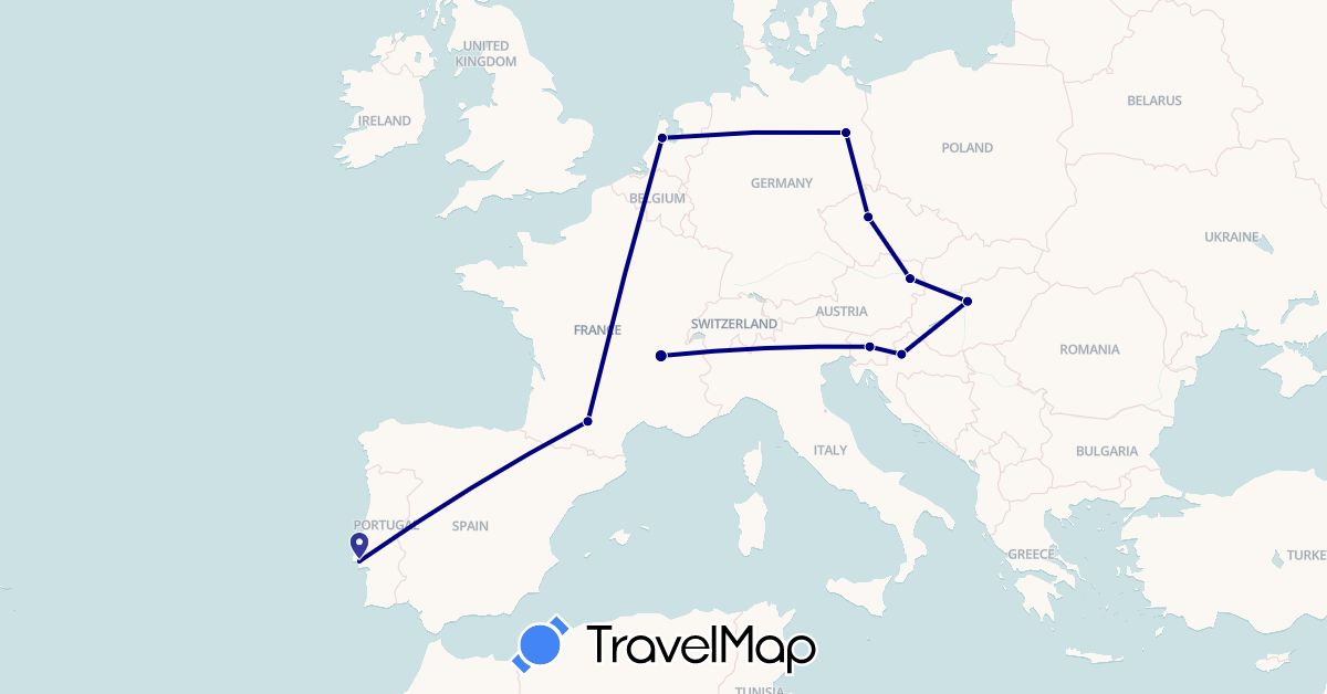 TravelMap itinerary: driving in Austria, Czech Republic, Germany, France, Croatia, Hungary, Netherlands, Portugal, Slovenia (Europe)